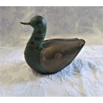 Handmade carved wooden duck painted green with copper trim