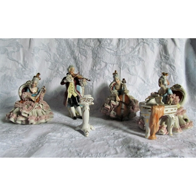 Germany Dresden Art Lace Figurines Imaginary orchestra Set of 4 Vintage Wilhelm Rittirsch beautiful detail 1950s German porcelain art