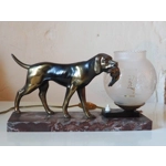 French art deco hunting dog on a marble base with a switched lamp