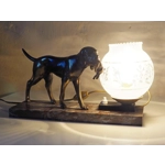 French art deco hunting dog on a marble base with a switched lamp
