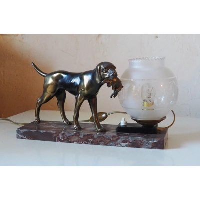 French art deco hunting dog on a marble base with a switched lamp