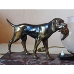French art deco hunting dog on a marble base with a switched lamp