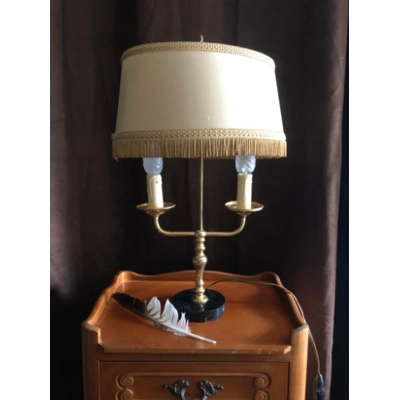 Charming vintage bouillotte brass table lamp on marble base with fabric shade, France, circa 1950