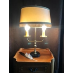 Charming vintage bouillotte brass table lamp on marble base with fabric shade, France, circa 1950