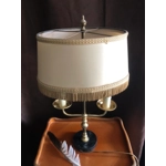 Charming vintage bouillotte brass table lamp on marble base with fabric shade, France, circa 1950