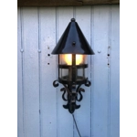 French large gothic medieval chateau style vintage exterior wall-mount lantern,iron and steel with original glass cylinder, 2 available