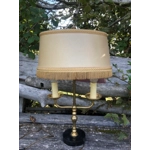Charming vintage bouillotte brass table lamp on marble base with fabric shade, France, circa 1950