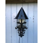 French large gothic medieval chateau style vintage exterior wall-mount lantern,iron and steel with original glass cylinder, 2 available