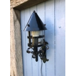 French large gothic medieval chateau style vintage exterior wall-mount lantern,iron and steel with original glass cylinder, 2 available