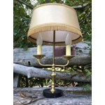 Charming vintage bouillotte brass table lamp on marble base with fabric shade, France, circa 1950