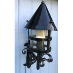 French large gothic medieval chateau style vintage exterior wall-mount lantern,iron and steel with original glass cylinder, 2 available
