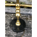 Charming vintage bouillotte brass table lamp on marble base with fabric shade, France, circa 1950