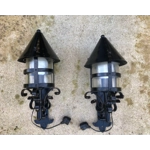 French large gothic medieval chateau style vintage exterior wall-mount lantern,iron and steel with original glass cylinder, 2 available