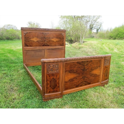 Antique French art deco arts and crafts double bed frame,sunburst design with floral carvings to the head and footboard