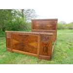 Antique French art deco arts and crafts double bed frame,sunburst design with floral carvings to the head and footboard