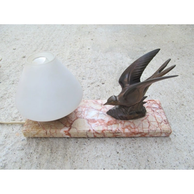 Vintage French Art Deco Desk Table Lamp / Bedside Lamp Bird with Pink Marble Glass bowl shade