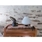 Vintage French Art Deco Desk Table Lamp / Bedside Lamp Bird with Pink Marble Glass bowl shade