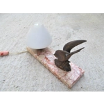Vintage French Art Deco Desk Table Lamp / Bedside Lamp Bird with Pink Marble Glass bowl shade
