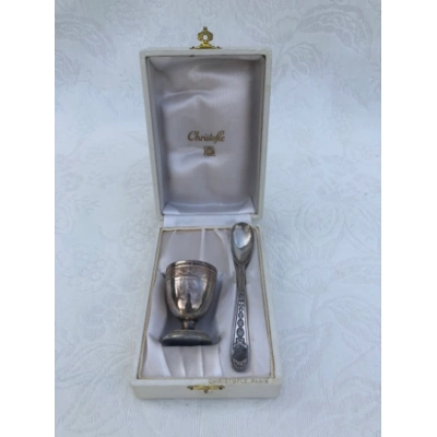 Vintage silver-plated set for church communion: a small silver-plated cup and a spoon from the famous company Christofle, France