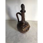 Vintage French stoneware Calvados jug with a carved stopper depicting a male face, France vintage storage bottle