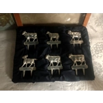SIX vintage zoomorphic CHEESE LABELS made of silver-colored metal, in the original box, Silea, Franc