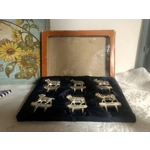 SIX vintage zoomorphic CHEESE LABELS made of silver-colored metal, in the original box, Silea, Franc