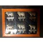 SIX vintage zoomorphic CHEESE LABELS made of silver-colored metal, in the original box, Silea, Franc