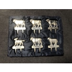 SIX vintage zoomorphic CHEESE LABELS made of silver-colored metal, in the original box, Silea, Franc