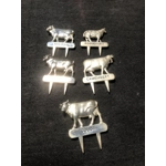 SIX vintage zoomorphic CHEESE LABELS made of silver-colored metal, in the original box, Silea, Franc