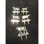 SIX vintage zoomorphic CHEESE LABELS made of silver-colored metal, in the original box, Silea, Franc