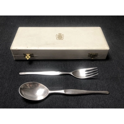 Vintage silver plated fork and soup spoon set by Christofle ORFÈVRE, design by Tapio Wirkkala, Duo m
