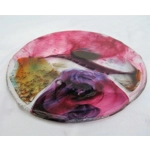 A lovely unique unusual handmade fused glass plate with stunning random colours, wall decor, window table ware interior or exterior