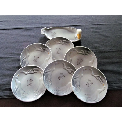 Delicious vintage French faience set for foie gras with 6 plates and 1 dish
