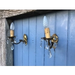 Pair of French romantic vintage wall lights single arm with crystals, wall sconces