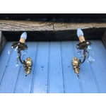Pair of French romantic vintage wall lights single arm with crystals, wall sconces