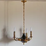 Vintage French Empire Chandelier – 3-Arm Brass Dark Green Tole Pendant Light