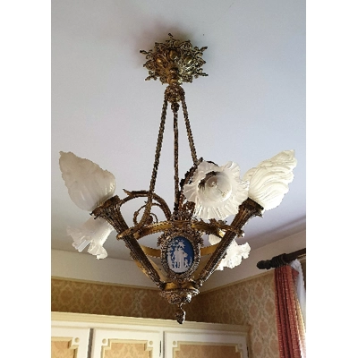 French Antique bronze Napoleon 6 branch jasperware cameo chandelier light fitting with opaline torch and tulip shades used loved condition