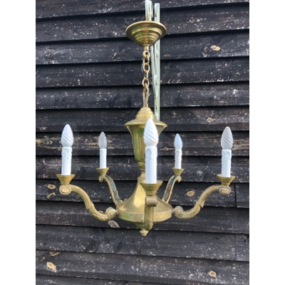 French antique large brass ceiling light chandelier with 6 scrolled arms branches brass fixture solid and well made c1920s