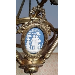 French Antique bronze Napoleon 6 branch jasperware cameo chandelier light fitting with opaline torch and tulip shades used loved condition