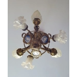 French Antique bronze Napoleon 6 branch jasperware cameo chandelier light fitting with opaline torch and tulip shades used loved condition