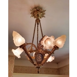 French Antique bronze Napoleon 6 branch jasperware cameo chandelier light fitting with opaline torch and tulip shades used loved condition