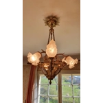 French Antique bronze Napoleon 6 branch jasperware cameo chandelier light fitting with opaline torch and tulip shades used loved condition