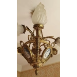 French Antique bronze Napoleon 6 branch jasperware cameo chandelier light fitting with opaline torch and tulip shades used loved condition