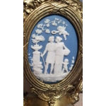 French Antique bronze Napoleon 6 branch jasperware cameo chandelier light fitting with opaline torch and tulip shades used loved condition