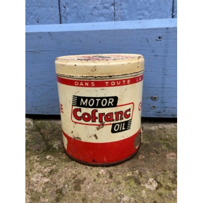 Old rare round tin can of technical grease Motor Cofranc Oil Empty publicity man cave retro vintage