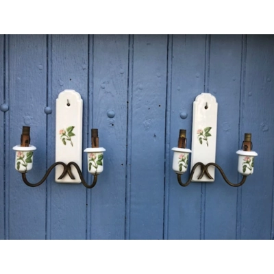 Rare find: a pair of original porcelain double-arm wall sconces from the famous French manufacturer Porcelain de Paris, mid. 20th century