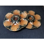 Two vintage glazed majolica oyster plates, Oyster Plates Seafood Dishes Shell Plate, SARREGUEMINES