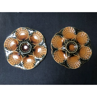 Two vintage glazed majolica oyster plates, Oyster Plates Seafood Dishes Shell Plate, SARREGUEMINES
