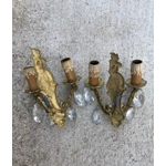 French King Louis xv Rocaille style vintage bronze brass mix pair of 2 arm wall lights light with multifaceted glass droplets