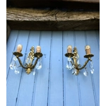 French King Louis xv Rocaille style vintage bronze brass mix pair of 2 arm wall lights light with multifaceted glass droplets